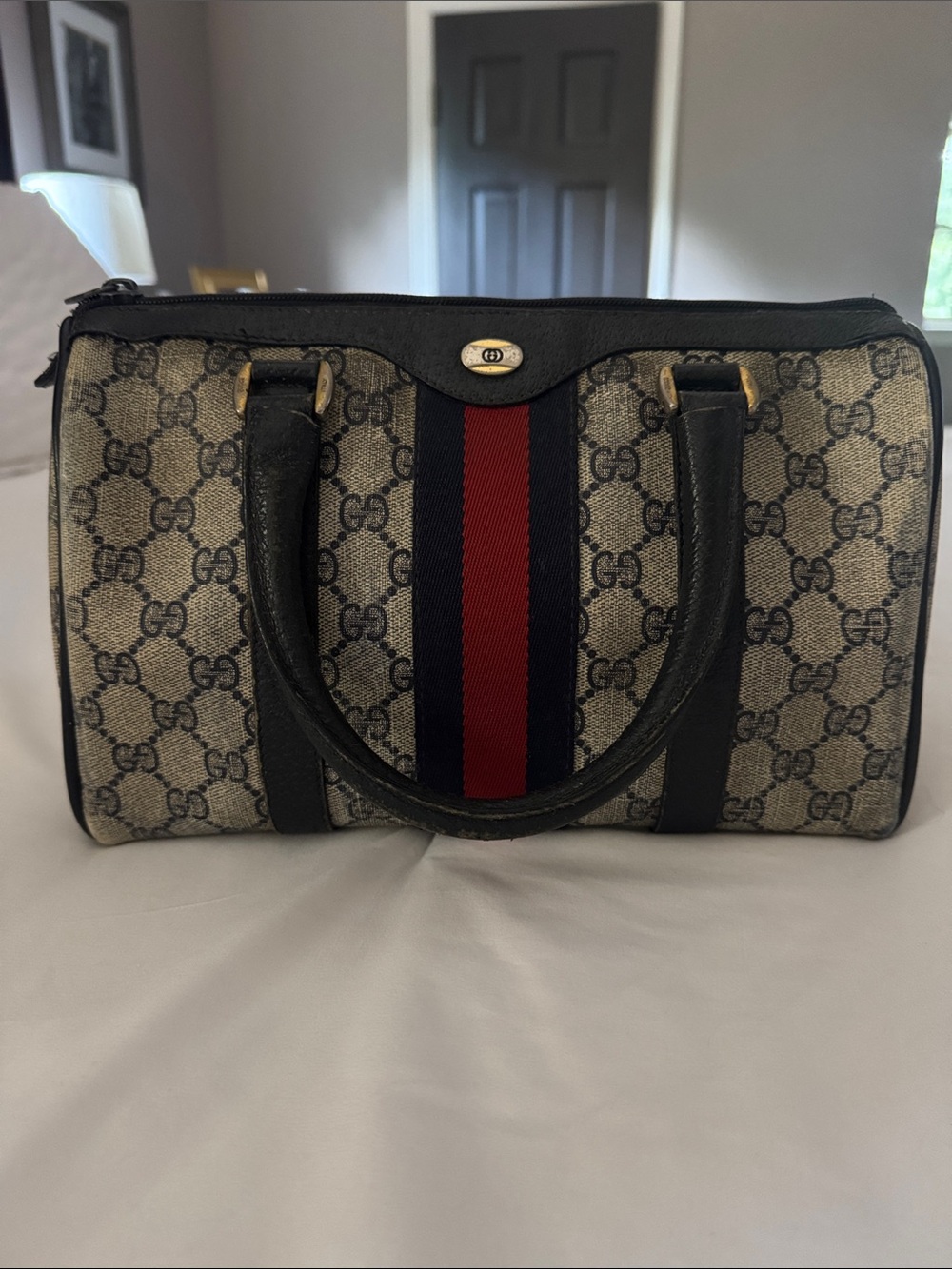 Gucci GG Supreme Canvas Boston Bag with Blue and Red Web Stripe